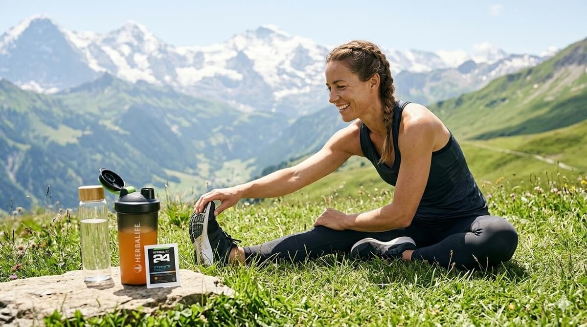 Sportlerin dehnt sich nach dem Training auf einer Wiese mit Blick auf die Schweizer Alpen, daneben ein Herbalife24 Hydrate Getränk
